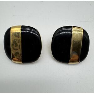 Vintage Luxury Monet Clip On Earrings Black & Gold Tone Designer Jewelry Pair